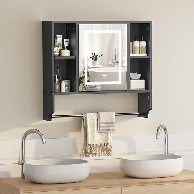 MAHANCRIS Bathroom Wall Cabinet with Mirror, Wall Mounted Medicine Cabinet with Color Adjustment LED Lights, Mirrored Over The Toilet Storage Cabinet with Adjustable Shelves, 23.6''W x 21.6''H, Black
