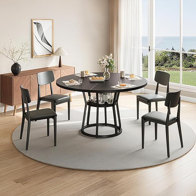 GarveeHome 47 Inch Round Dining Table with Storage Shelf, Farmhouse Circle Kitchen Table for 4-6, Space-Saving Wood Top, Metal Legs, for Kitchen, Dining & Living Room, Apartment, Table Only-Black