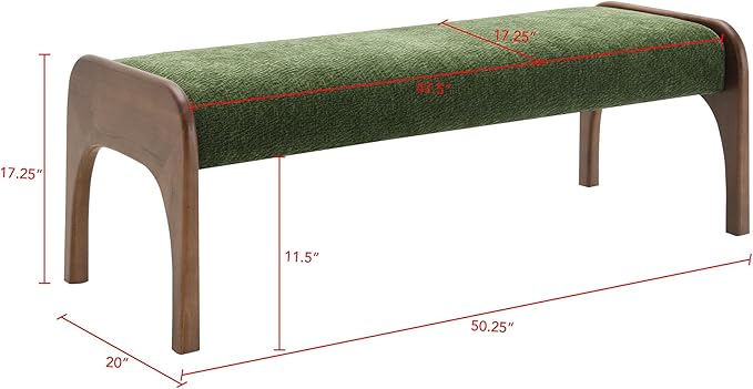 GDFStudio 50.25" Upholstered Long Bench, Modern Chenille Dining Bench with Solid Wood Legs, Padded Entryway Bench Seat for Bedroom End of Bed Kitchen Hallway Living Room, Green