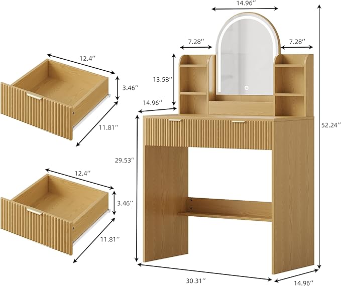 TOKSOM Makeup Vanity Desk with Mirror and Lights, Vanity Table with 2 Drawers & Open Storage Shelves, Fluted Vanity Bedroom Makeup Dressing Table Set for Women Girls Natural