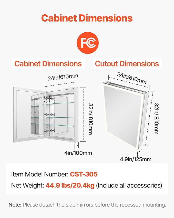 VEVOR Lighted Medicine Cabinet with Mirror, 24 x 32 in Recessed or Wall Mount, 3 Color Dimmable LED Bathroom Medicine Cabinet with Magnifying Mirror, Adjustable Shelve Storage, Memory Defog Function