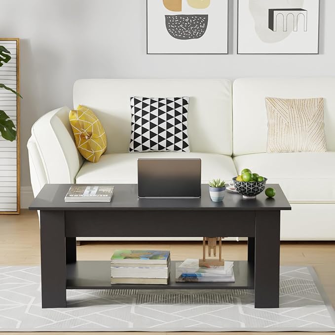 FDW 47" Lift Top Coffee Table with Hidden Large Storage Shelf and Compartment Lifted Wooden Dining Table for Living Room Home Office,Black