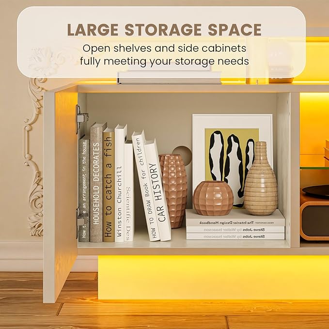 70” High-Glossy TV Stand with 2 Side Cabinets, Modern Stylish TV Console with 3 Layer LED Lights,Gaming TV Media Console with Adjustable Glass Shelf, Remote&APP Control, White