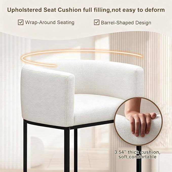 26" H Counter Height Bar Stools Set of 3, Modern Barrel Counter Stools with Backrest and Arms, Linen Fabric Upholstered Accent Barstools for Kitchen Island,Support 450 LBS (White)