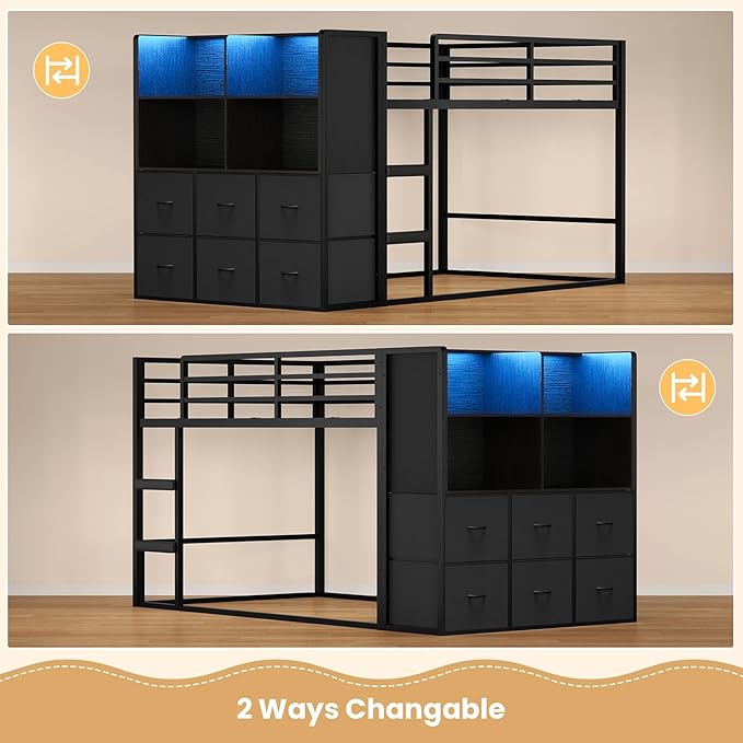BTHFST Twin Over Twin Bunk Bed with Storage Drawers & Open Storage Shleves with LED Lights, Metal Black Low Bunk Bed Safety Ladder and 13.4" H Guardrail, Space Saving