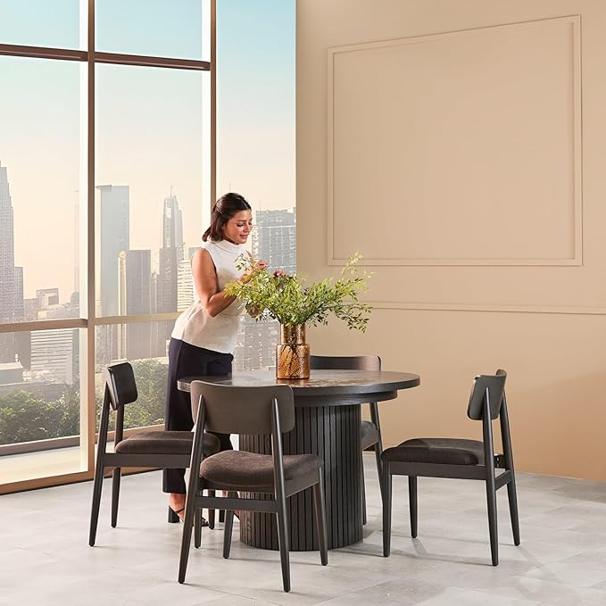 Transformer Table - Solid Wood Extendable Round Dining Table Set with 4 Chairs, Seats 4-10 Extendable Round Dining Set, Black (Table + 4 Chairs)