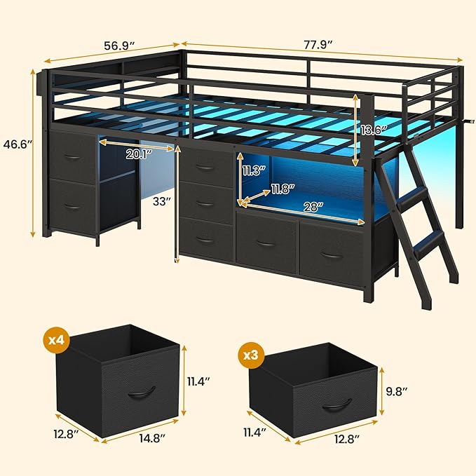 ADORNEVE Low Loft Bed Full Size with 7 Storage Drawers, Bookcase and LED Lights, Metal Kids Loft Bed with 14" H Safety Guardrail,Inclined Ladder and Play Curtain, Under-Bed Play Space, Black