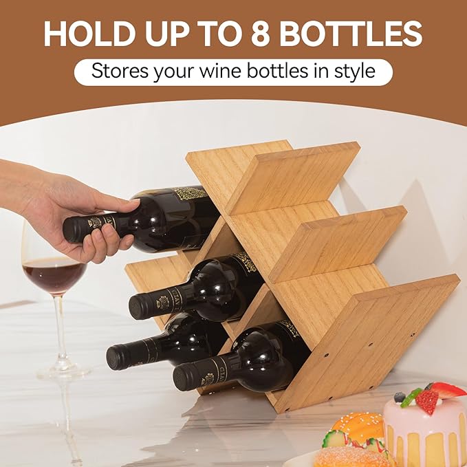 KIRIGEN Wooden 8-Bottle Wine Rack, 3-Tier Countertop Wine Bottle Holder for Cabinets, Bar Cart, Kitchen Counter, Pantry, Dining Room, Wood Stain, 16.73 x 5.91 x 11.14 in, XHJJ3-NA