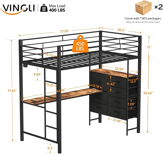 VINGLI Full Loft Bed 15 Inch Extra Tall Safety Guardrail, 7 Drawers Dresser, and Flat Rungs, LED High Double Sleeper with 2 Charging Stations,and Desk, Heavy Duty Space Saving Bed, Black