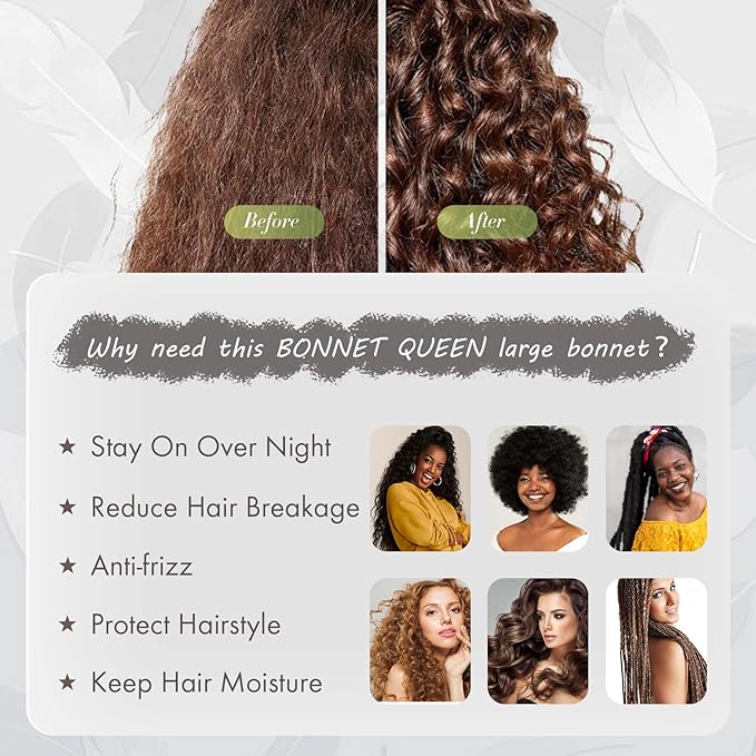 BONNET QUEEN 睡眠用シルクボンネット サテンボンネット ヘアボンネット 大きめボンネット 髪用ラップ タイバンド付きスリープキャップ 女性用 カーリーヘア 三つ編み ドレッドロックス 黒