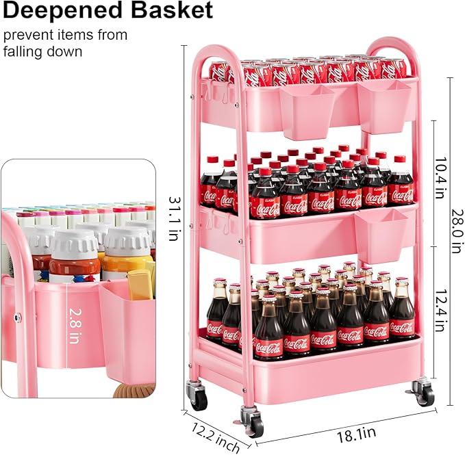 3 Tier Rolling Storage Cart Metal with Wheels, Pink Three Tiered Craft Cart Organizer on Wheels, Utility Carts for Baby Nursery, Diaper Caddy, Art, Book, Snack, Nail, Makeup, Bathroom Supplies, Mesh
