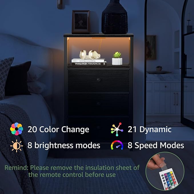 BOLUO Black Night Stand with 3 Fabric Drawers, Nightstand with Charging Station LED Nightstand for Bedroom, Bedside Table with USB Ports and Outlets Modern