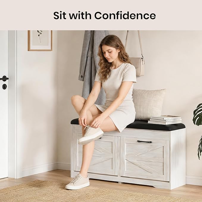 39" Shoe Storage Bench with Padded Seat Cushion & Lift Top Storage Box & 2 Flip Drawers, Small Entryway Shoe Rack Bench with 2 Doors and Adjustable Shelf, Shoes Cabinet for Hallway, Living Room, White