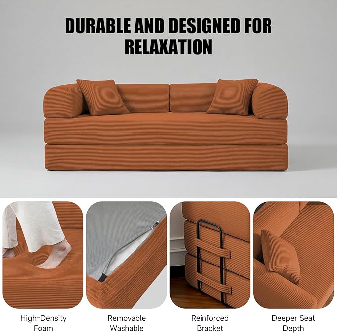 79" Compressed Sofa, Convertible Sofa Bed, Corduroy Compression Boneless Couch with Pillow, Comfy Modular Foldable Floor Sleeper Sofa for Bedroom, Living Room, Lounge, Studio (Orange)