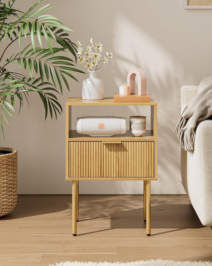 Aienvey Night Stand, Modern Nightstand with Drawers, Bedside Table, Gold Small Side Table for Bedroom, Living Room End Table (Oak Stripe, 1 Drawer)