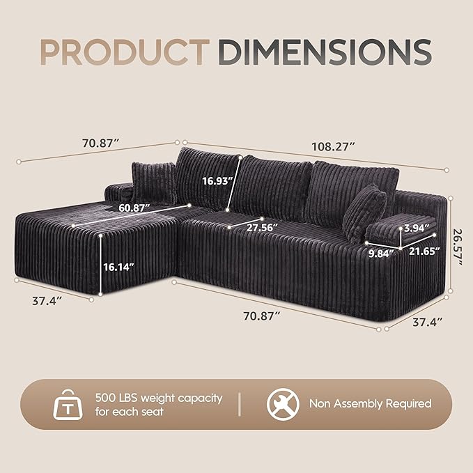 Hobestluk Modular Sectional Sofa Boneless Couch L-Shape Couch 3 Seat Modular Couch Memory Foam Sectional Couches for Living Room Furniture, Cloud Couch with Oversized Chaise (108" Left Facing Chaise)