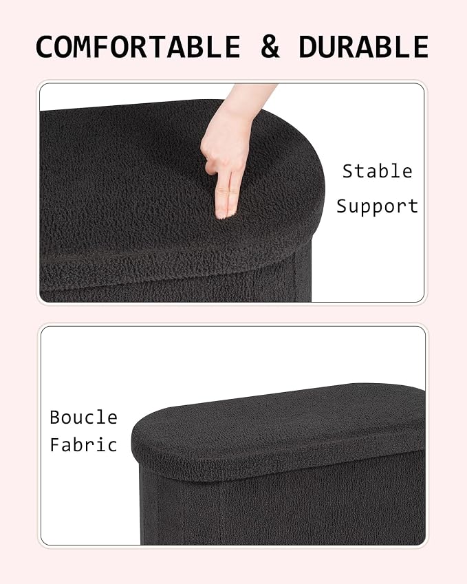 30" Oval Foldable Ottoman with Storage, Teddy Boucle Fabric Footrest, Storage Bench for Living Room, Bedroom, Entryway, Dorm, Darkgrey