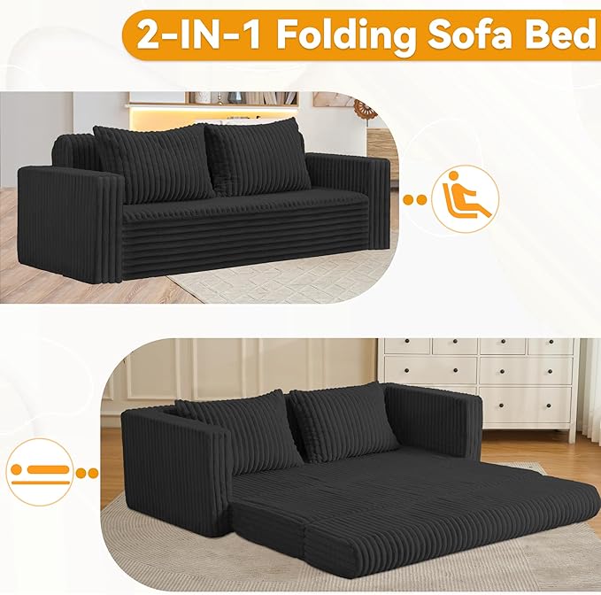 HABUTWAY 68" Loveseat Boneless Couch, 4-in-1 Convertible Sofa Bed, Plush Fur Folding Futon Sofa Bed Couches with 2 Pillows for Living Room, High-Density Foam Support, No Assembly Required, Black