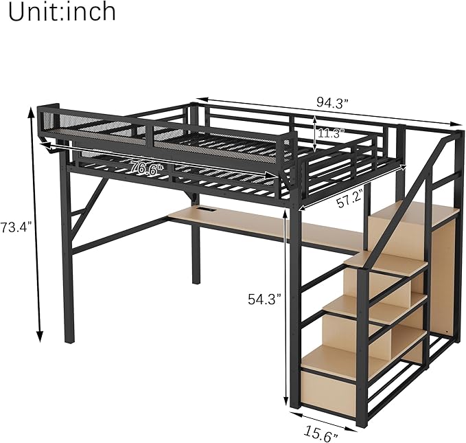 KEIKI Full Size Metal Loft Bed Frame with Desk, Staircase, Built-in Storage Shelves and Wardrobe, Modern Loft Bed with Solid Slats, Guardrail, No Box Spring Required, Easy Assembly, for Bedroom, Black
