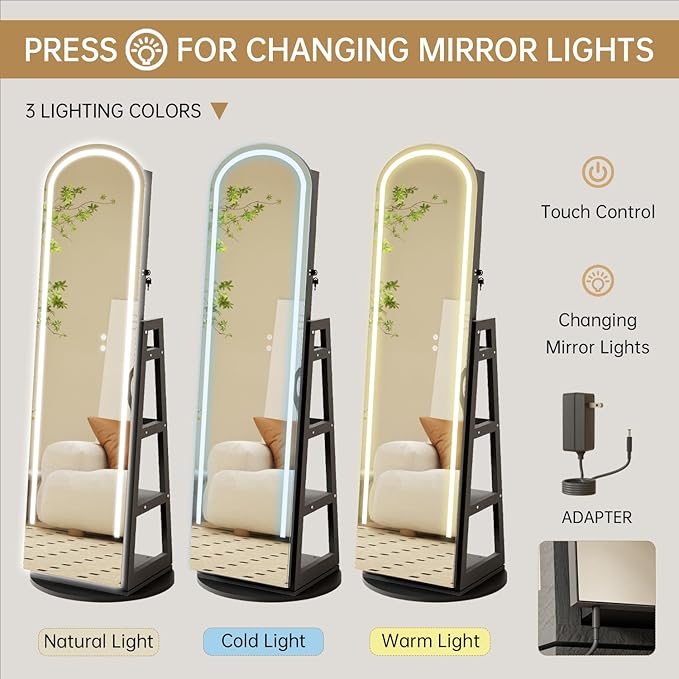 Arched Rotating Jewelry Cabinet with LED Lighted Full Length Mirror & Built-in LED Vanity Mirror, Lockable Standing Jewelry Armoire, Large Storage Organizer for Jewelry (Black)