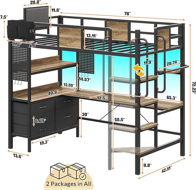busyaeh Loft Bed Twin Size with Desk, Loft Bunk Bed with Desk Underneath, RGB LED Lights, and Charging Station, with Drawer Cabinets and Pegboards, Twin Max Load-Bearing Weight 400lbs, Oak Gray