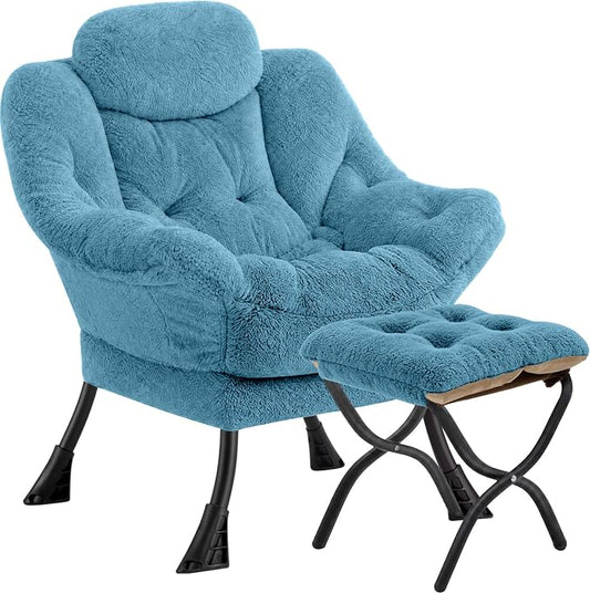 Lazy Chair with Folding Ottoman,Leisure Sofa Chair,Soft Fabric Armchair with Armrests and Side Pockets, Reading Chair with Footrest for Living Room, Bedroom, Office (Plush Blue)