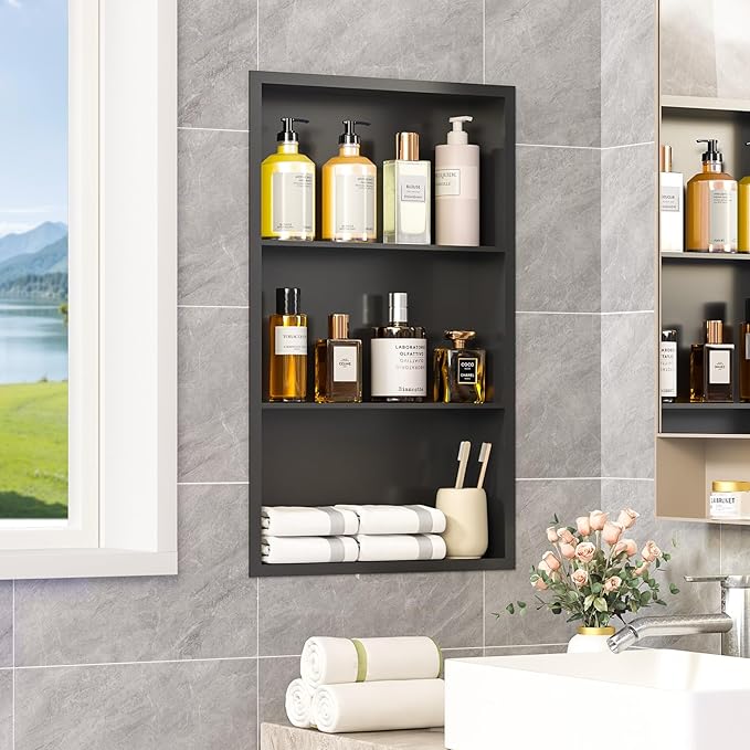 14x24 Recessed Medicine Cabinet, Bathroom Wall Cabinet, 304 Stainless Steel Recessed Wall Niche with 3-Tiers Shelves, Matte Black