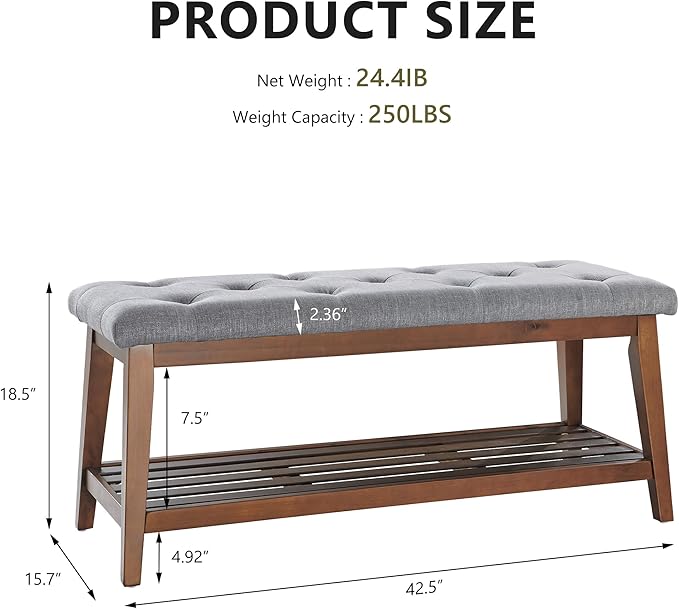 kinmars Upholstered Bench for Bedroom End of Bed,42.5-inch Entryway Bench for Living Room,Dining Bench with Padded Seat and Solid Wood Leg for Kitchen Bedroom,Indoor and Hallway (Shoe Bench, Grey)