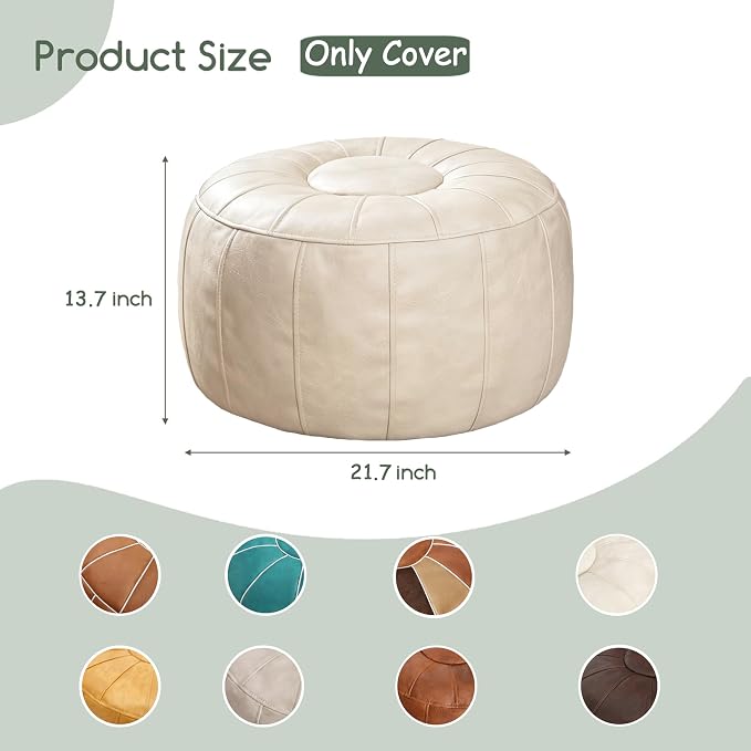 Thgonwid Unstuffed Moroccan Storage Pouf Foot Stool Ottoman Seat, No Filler Included, Handmade Faux Leather Bean Bag Floor Chair Foot Rest for Living Room, Bedroom or Balcony, Ivory White