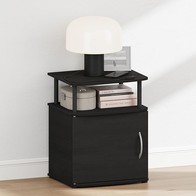 Furinno Jaya Night Stand with Door, Nightstand with Open Shelf and Door Cabinet, Round Corner Bedside Table, Side Table, End Table, for Bedroom, Closet, Dorm, Blackwood
