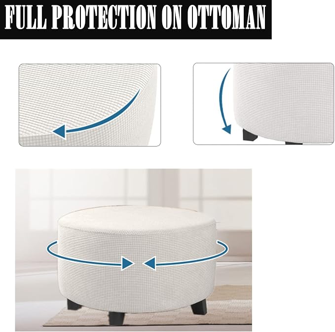 Stretch Ottoman Slipcover – Round Furniture Protector Fits 24"-29" Dia, for Footrests, Storage Ottomans & Folding Stools – Elastic Fabric Cover (White, Large)