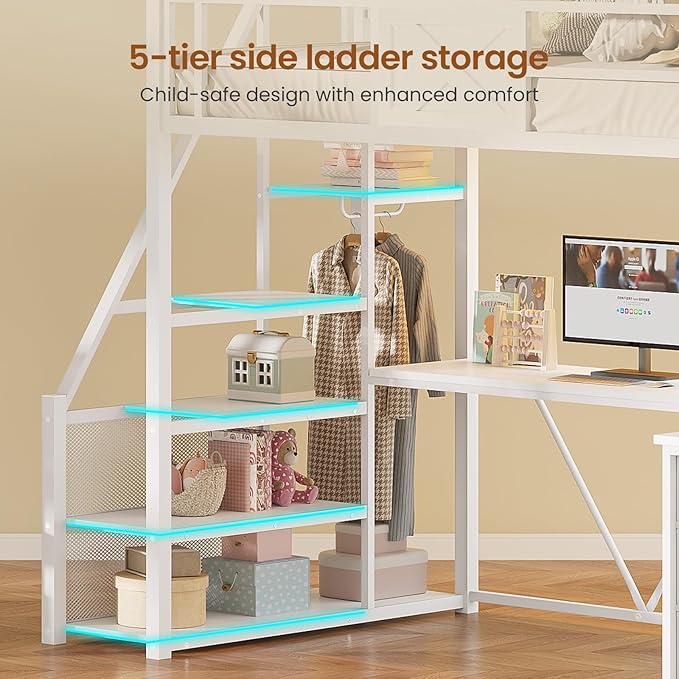 Itaar Stairway Twin Size Loft Bed with L Shaped Desk and Wardrobe, Metal Loft Bed Frame with Stairs, 3 Fabric Drawers, LED Lights & Charging Sation, No Noise & No Box Spring Needed, White