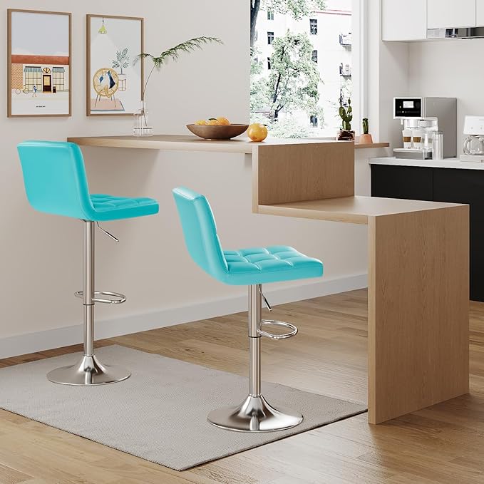 Furmax Bar Stools Modern Pu Leather Swivel Adjustable Hydraulic Bar Stool Square Counter Height Stool Set of 2 (Blue)