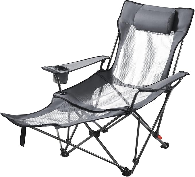 VEVOR 2-in-1 Reclining Camping Chair with Footrest for Adults, 4 Adjustable Positions, Portable Folding Lounger, Lightweight Mesh Beach Chair Supports 220lbs, Heavy Duty Camp Chairs Outdoor, Gray