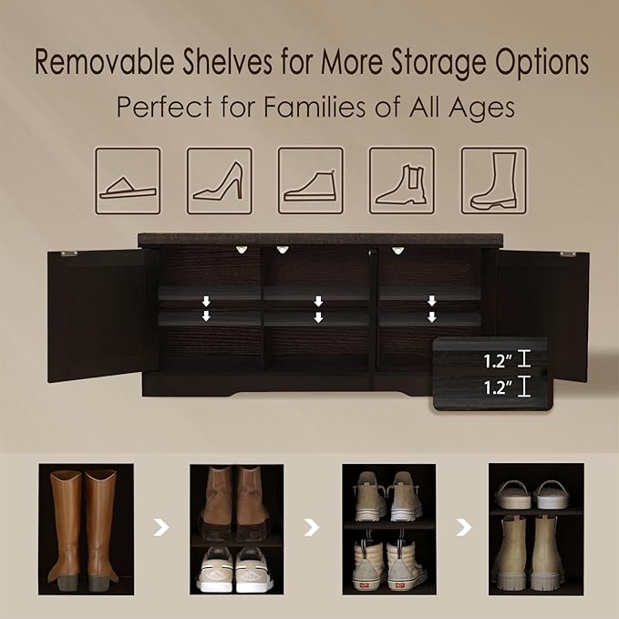 DINZI LVJ Shoe Bench, Entryway Storage Bench with Doors, Cushion, 2-Tier Shoe Rack with 6-Cubby, 39.4”L x 13.8”W Shoe Organizer Cabinet, Adjustable Shelf, Living Room, Bedroom, Espresso with Rattan