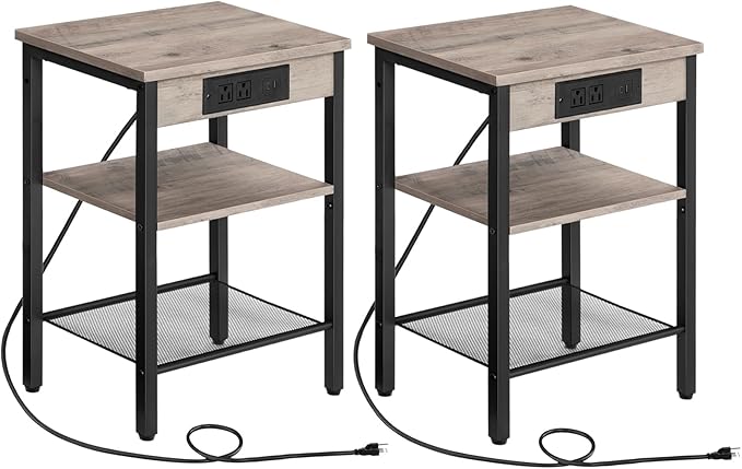 HOOBRO Side Tables Set of 2 with Charging Station and USB Port, Small End Tables for Small Space, 3-Tier Nightstands with Adjustable Shelf, for Living Room, Bedroom, Greige and Black BG112BZP201