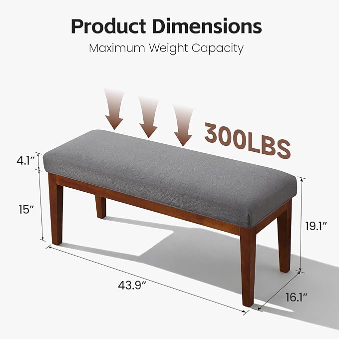 43.5" Upholstered Bedroom Bench, Linen Entryway Bench with Solid Wood Legs, End of Bed Bench with Cushion, Dining Bench for Living Room, Bedroom, Hallway, Dark Grey