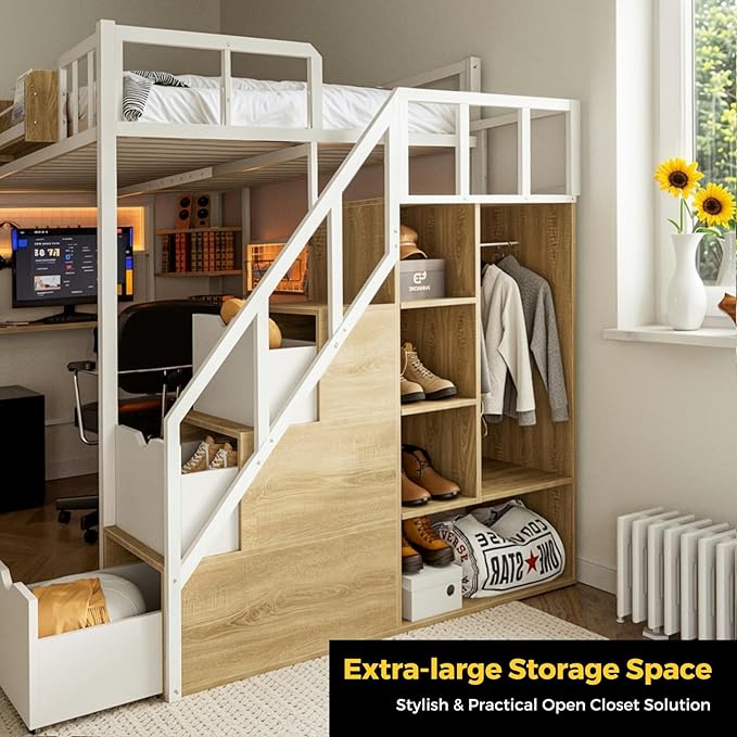 Kikihouse Full Size Loft Bed with Desk and Stairs, Headboard, Wardrobe, Bedside Storage Shelf, 6 Drawers, Charging Station & LED Light, Metal Gaming Loft Bed Frame for Adult Space-Saving