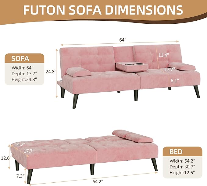 Shintenchi Futon Sofa Bed, Velvet Foldable Couch, Reclining Sleeper with Removable Armrests, Upholstered Loveseat Sofa Couch with Folding Cup Holders for Office, Home, Pink