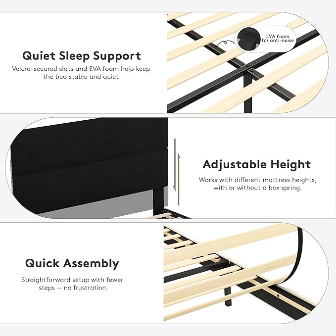 GRUSIGN Queen Size Platform Bed Frame with Velvet Headboard, Adjustable Height Wooden Slats Support, Upholstered Mattress Foundation, Fits Mattress or Mattress with Box Spring, Easy Assembly, Black