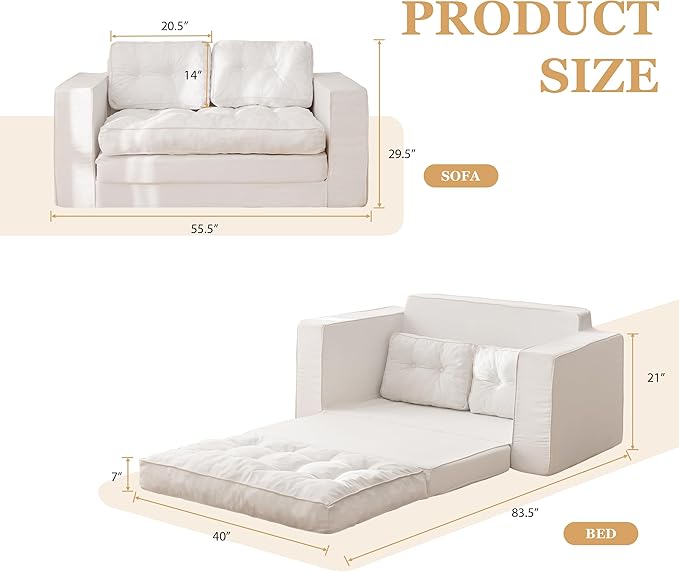 YOSHOOT Loveseat Boneless Couch,55" Convertible Sofa Bed Futon Couches for Living Room,3-in-1 Pull Out Floor Couch with Backrest and Pillows, White