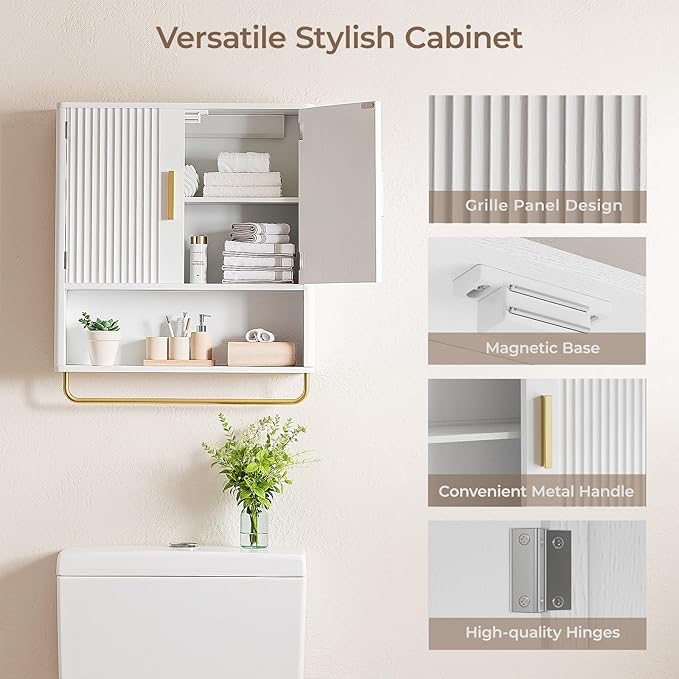 Memobarco Bathroom Wall Cabinet, Medicine Cabinet with Fluted Door & Adjustable Shelf, Over the Toilet Storage Cabinet with Towel Bar, Cabinet Wall Mount for Laundry Room & Kitchen, White