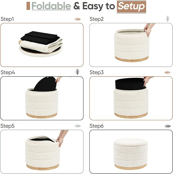 Round Storage Ottoman with Tray Lid, Folding Chenille Fabric Footrest with Hidden Storage, 22.8" Large Footstool Side Table for Dorm Living Room Bedroom, Wood Grain Base, Cream White