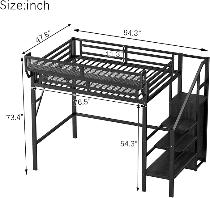 KEIKI Twin Size Metal Loft Bed Frame with Convertible Staircase, Built-in Storage Shelves & Wardrobe, Loft Bed with Solid Slats & Guardrail, No Box Spring Required, Easy Assembly, for Bedroom, Black