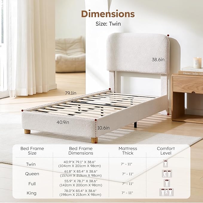 Cloud Bed Frame, Soft Boucle Bed Frame with Adjustable Headboard, Solid Wood Legs, Rounded Corners Design & Easy Assembly – Modern Platform Bed, Twin Cream