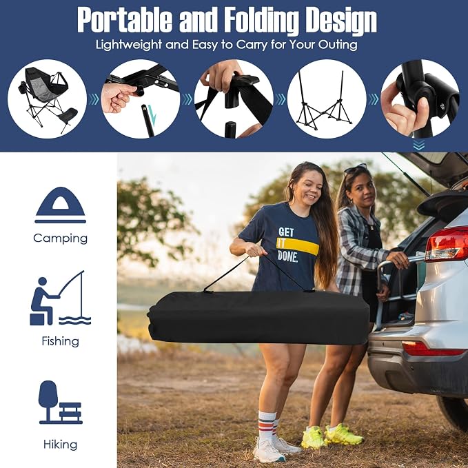 Giantex Outdoor Hammock Camping Chair - Rocking Chair with Removable Footrest, Adjustable Backrest, Pillow, Cup Holder, Storage Bag, Portable Fishing Chair for Poolside Patio Folding Chair (2, Black)