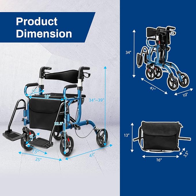 Goplus 2 in 1 Rollator Walker for Seniors, Medical Walker with Seat, Folding Transport Wheelchair Rollator with 8" Wheels, Reversible Backrest, Footrests, Aluminum Mobility Walking Aid (Blue)