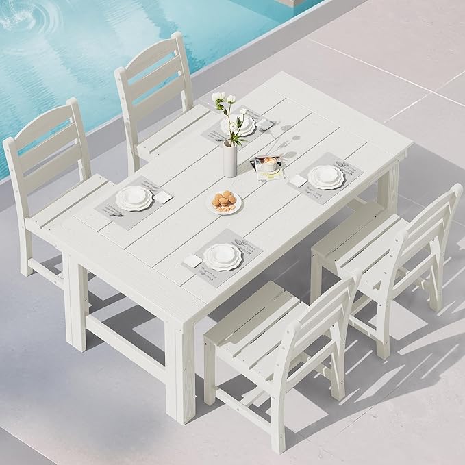 SERWALL Outdoor Dining Table Set, 67‘’ HDPE Patio Dining Set for 4, All-Weather Outdoor Table and Armless Chairs Set for Deck, White