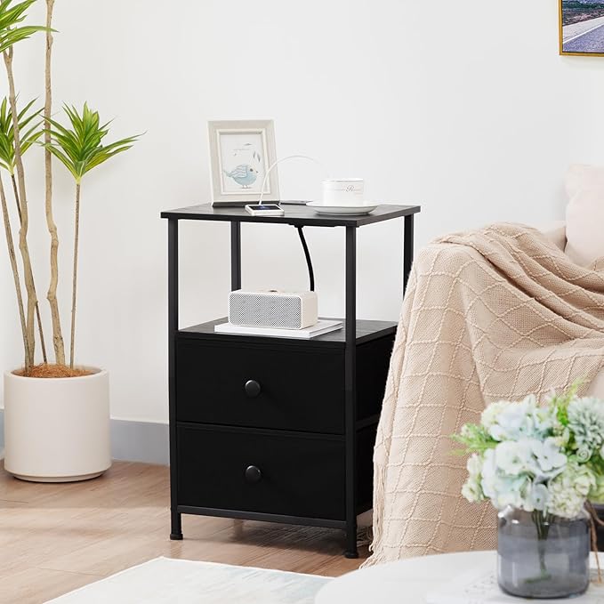 LOAKEKEL Night Stand Set 2, Black Nightstand with Charging Station, End Tables with Storage Shelf for Small Spaces, Bedside Table Side Tables with 2 Fabric Drawers for Bedroom, HETS020BK