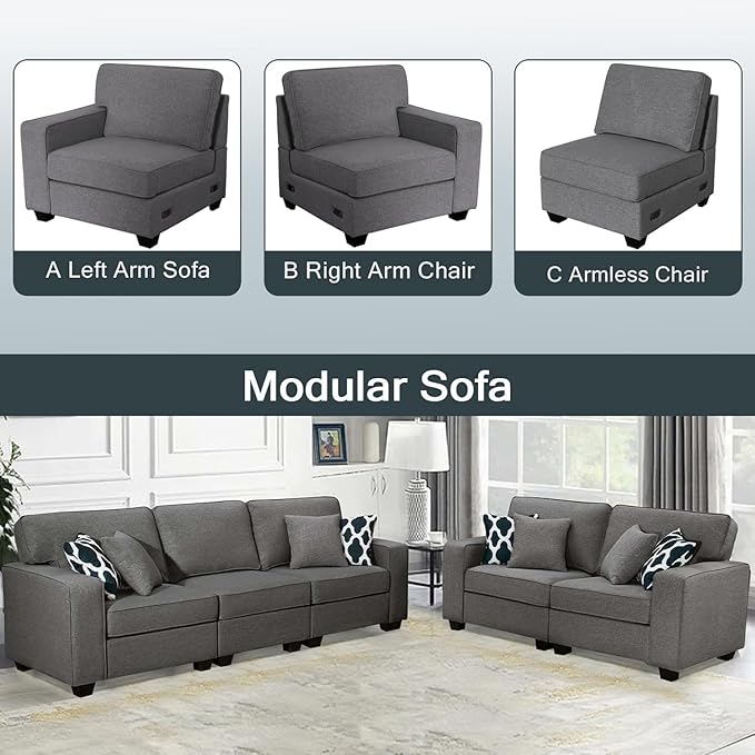 Legend Vansen Oversized Modular Sectional Sofa,U/L‑Shaped Reversible Couch with Ottoman,Deep Seat Plush Polyester Sofa for Living Room,5‑Seater,Dark Grey